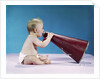 1960s Profile Of Seated Baby Shouting Yelling Speaking Into Big Megaphone by Anonymous