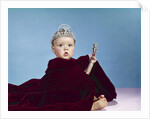 1960s Baby Dressed As Royal Queen Velvet Robe Cloak Cape Rhinestone Tiara Crown And Scepter Wand by Anonymous
