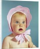 1960s Very Cute Blond Blue Eyed Baby Wearing Red White Checked Bonnet Tied In Bow At Chin by Anonymous