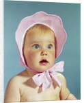 1960s Very Cute Blond Blue Eyed Baby Wearing Red White Checked Bonnet Tied In Bow At Chin by Anonymous
