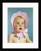 1960s Very Cute Blond Blue Eyed Baby Wearing Red White Checked Bonnet Tied In Bow At Chin by Anonymous