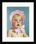 1960s Very Cute Blond Blue Eyed Baby Wearing Red White Checked Bonnet Tied In Bow At Chin by Anonymous