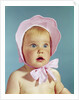 1960s Very Cute Blond Blue Eyed Baby Wearing Red White Checked Bonnet Tied In Bow At Chin by Anonymous