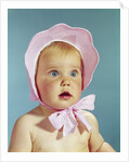 1960s Very Cute Blond Blue Eyed Baby Wearing Red White Checked Bonnet Tied In Bow At Chin by Anonymous