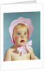 1960s Very Cute Blond Blue Eyed Baby Wearing Red White Checked Bonnet Tied In Bow At Chin by Anonymous