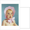 1960s Very Cute Blond Blue Eyed Baby Wearing Red White Checked Bonnet Tied In Bow At Chin by Anonymous
