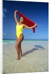 1990s Woman In Yellow Bathing Suit Holding Windblown Red Cloth Mopion Island, Grenadines, West Indies by Anonymous