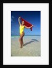 1990s Woman In Yellow Bathing Suit Holding Windblown Red Cloth Mopion Island, Grenadines, West Indies by Anonymous