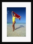 1990s Woman In Yellow Bathing Suit Holding Windblown Red Cloth Mopion Island, Grenadines, West Indies by Anonymous