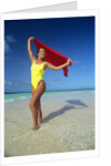 1990s Woman In Yellow Bathing Suit Holding Windblown Red Cloth Mopion Island, Grenadines, West Indies by Anonymous