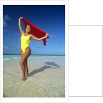 1990s Woman In Yellow Bathing Suit Holding Windblown Red Cloth Mopion Island, Grenadines, West Indies by Anonymous