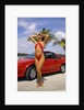 1980s Woman In Red Swimsuit In Front Of Red Sports Car by Anonymous
