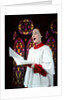 1950s Woman Singing Choir Robe Stained Glass Background by Anonymous