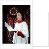 1950s Woman Singing Choir Robe Stained Glass Background by Anonymous