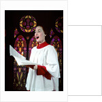 1950s Woman Singing Choir Robe Stained Glass Background by Anonymous