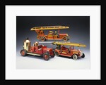 A Tipp and Company tinplate keywind overhead ladder fire engine with a Bing heavy tinplate fire pumper and a Gunthermann tinplate windup fire ladder truck by Anonymous