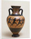 An Attic black-figure amphora of panathenaic shape featuring four naked athletes sprinting to the right by Anonymous