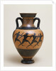 An Attic black-figure amphora of panathenaic shape featuring four naked athletes sprinting to the right by Anonymous