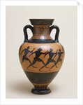 An Attic black-figure amphora of panathenaic shape featuring four naked athletes sprinting to the right by Anonymous