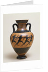 An Attic black-figure amphora of panathenaic shape featuring four naked athletes sprinting to the right by Anonymous