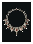 A Belle Epoque ruby and diamond necklace, the front section set with a row of nine graduated cusion-shaped ruby and diamond clusters by Anonymous