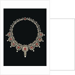 A Belle Epoque ruby and diamond necklace, the front section set with a row of nine graduated cusion-shaped ruby and diamond clusters by Anonymous