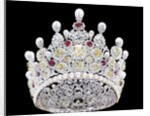 An extraordinary coloured diamond, diamond, natural pearl and ruby crown, mounted in platinum by Anonymous