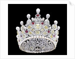 An extraordinary coloured diamond, diamond, natural pearl and ruby crown, mounted in platinum by Anonymous