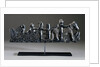 A Haida argillite ship pipe depicting a ship, an equestrian scene and various scroll and foliate motifs by Anonymous