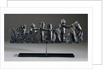A Haida argillite ship pipe depicting a ship, an equestrian scene and various scroll and foliate motifs by Anonymous