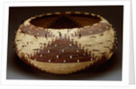 A fine and large Pomo gift basket of willow, redbud and sedge root with attached quail feathers and clam shells by Corbis