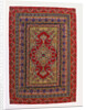 A hanging of red wool facecloth applied and embroidered with a Floral ogival medallion of pale green wool by Anonymous