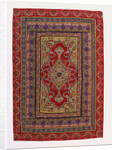 A hanging of red wool facecloth applied and embroidered with a Floral ogival medallion of pale green wool by Anonymous