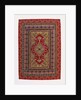 A hanging of red wool facecloth applied and embroidered with a Floral ogival medallion of pale green wool by Anonymous