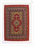 A hanging of red wool facecloth applied and embroidered with a Floral ogival medallion of pale green wool by Anonymous
