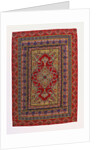 A hanging of red wool facecloth applied and embroidered with a Floral ogival medallion of pale green wool by Anonymous