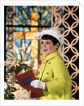 1960s Smiling Happy Young Girl Easter Sunday Clothes Green Coat White Bonnet Hat Gloves Holding Church Hymnal by Anonymous