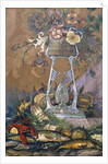 Flowers in a Vase on a Stand with Asparagus, Lobsters, Oysters and Fish by Dragutin Inkiostri-Medensak