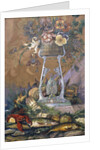 Flowers in a Vase on a Stand with Asparagus, Lobsters, Oysters and Fish by Dragutin Inkiostri-Medensak