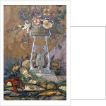 Flowers in a Vase on a Stand with Asparagus, Lobsters, Oysters and Fish by Dragutin Inkiostri-Medensak