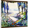 Tiffany Studios leaded glass landscape window by Anonymous