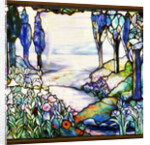 Tiffany Studios leaded glass landscape window by Anonymous