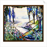 Tiffany Studios leaded glass landscape window by Anonymous