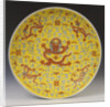 A large iron-red yellow ground dragon dish, the centre of the interior depicting a large full-faced dragon and flaming pearl by Anonymous