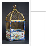 A Directoire ormolu and Chinese porcelain birdcage, the square domed surmounted by a handle by Anonymous