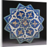 A Samarkand cuerda Seca stellar tile of twelve pointed form, the blue ground with a central turquoise and gold flower outlined in red by Anonymous
