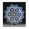 A Samarkand cuerda Seca stellar tile of twelve pointed form, the blue ground with a central turquoise and gold flower outlined in red by Anonymous