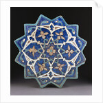 A Samarkand cuerda Seca stellar tile of twelve pointed form, the blue ground with a central turquoise and gold flower outlined in red by Anonymous