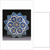 A Samarkand cuerda Seca stellar tile of twelve pointed form, the blue ground with a central turquoise and gold flower outlined in red by Anonymous