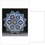 A Samarkand cuerda Seca stellar tile of twelve pointed form, the blue ground with a central turquoise and gold flower outlined in red by Anonymous